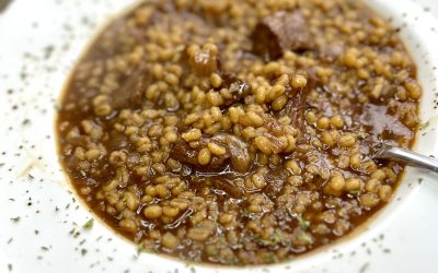 Beef Barley Soup with Garlic Infused Oil